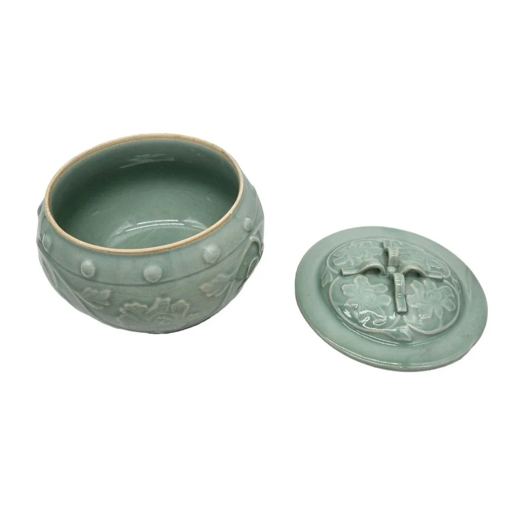 Vintage Handmade Celadon Tureen Covered Serving Bowl Dimensional
